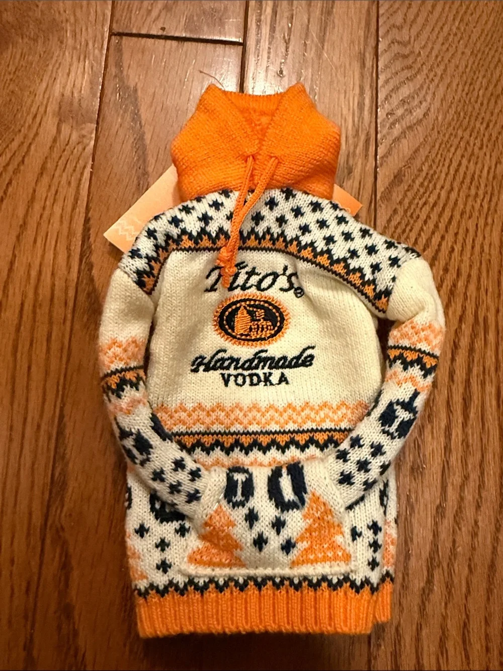 Tito's Orange & Cream Knit Hoodie Sweater bottle topper. A1